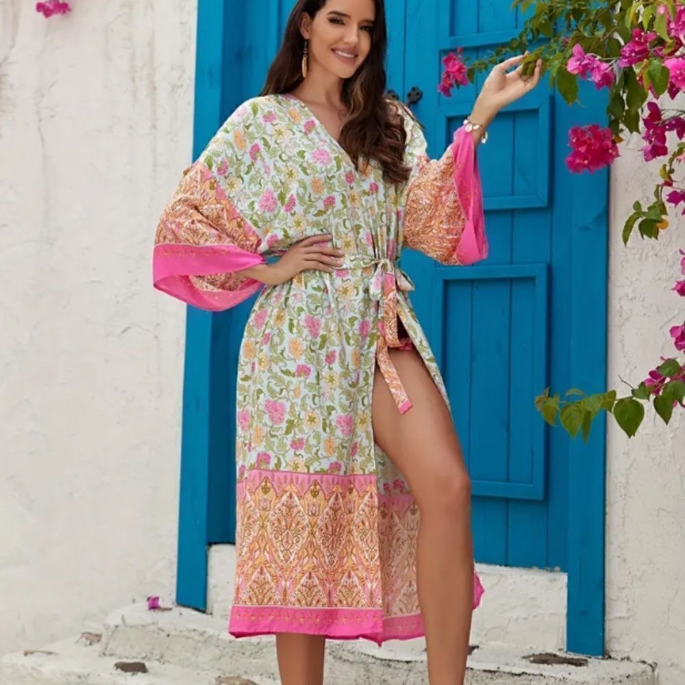 Pink & Cream Floral V-Neck Swim Coverup with Waist Tie